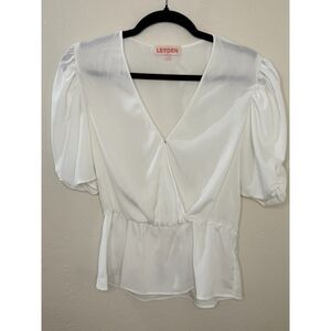 Leyden White Puff Sleeve Peplum Blouse Small Surplice V Neck Wrap Style Top 0055